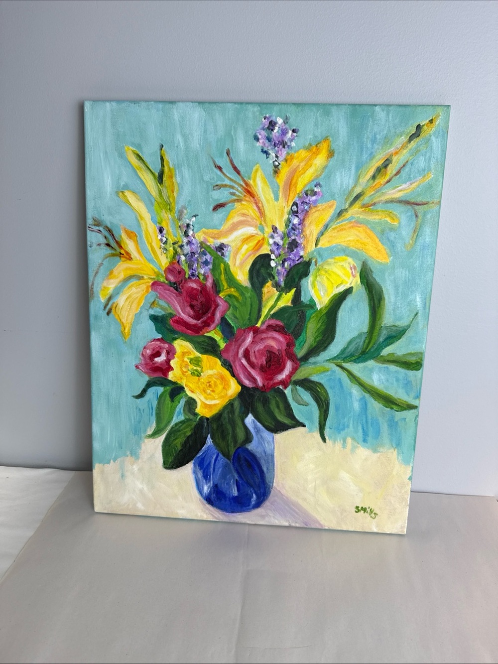Original Art Painting Floral Flowers in Vase Heavy Canvas Textured Signed 20x16